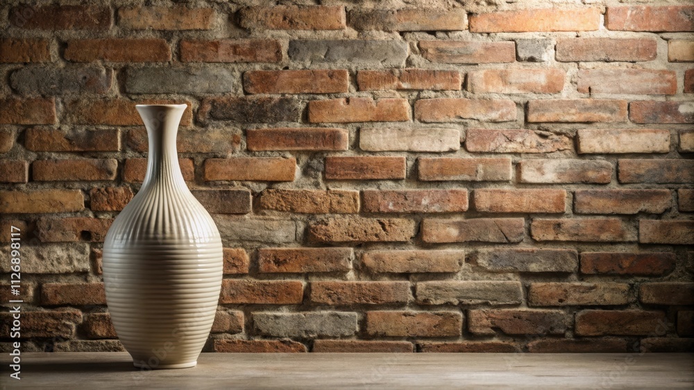 Poster a ceramic vase with a textured surface sits on a wooden surface in front of an aged brick wall.