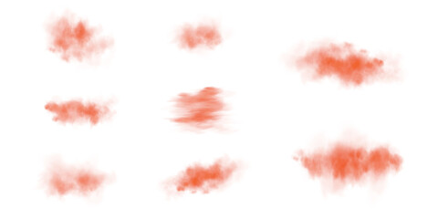 Set of realistic red clouds. Fog and smoke isolated on transparent background. Cloud, nature sky. Weather element or drawing. Cloud texture, smoke wave, fog nature. Fluffy smoke. PNG.