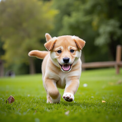 A playful puppy chasing its tail in a lush green park.