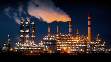 Fototapeta premium Illuminated oil refinery at night industrial landscape city skyline urban environment aerial view industrial growth concept