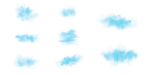 Set of realistic blue clouds. Fog and smoke isolated on transparent background. Cloud, nature sky. Weather element or drawing. Cloud texture, smoke wave, fog nature. Fluffy smoke. PNG.