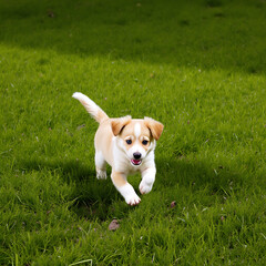 A playful puppy chasing its tail in a lush green park.
