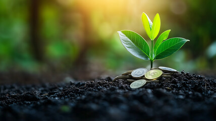 Sustainable Growth Concept with Stacked Coins and Sprouting Plants 