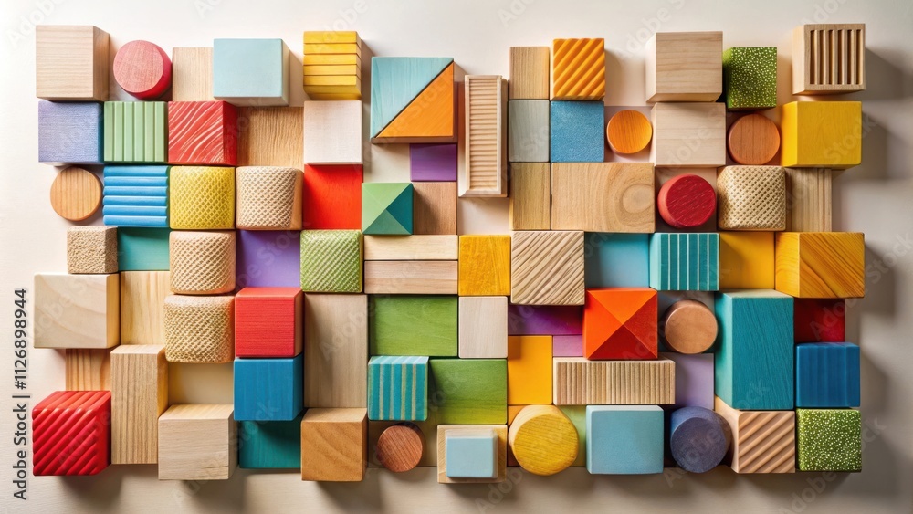 Aufkleber A colorful array of wooden blocks in various shapes and sizes, arranged in a mosaic pattern, showcasing a vibrant and playful visual composition.