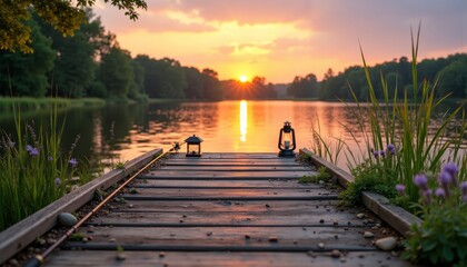 Obraz premium Close-Up of Weathered Dock at Sunset by Serene Lake with Reeds