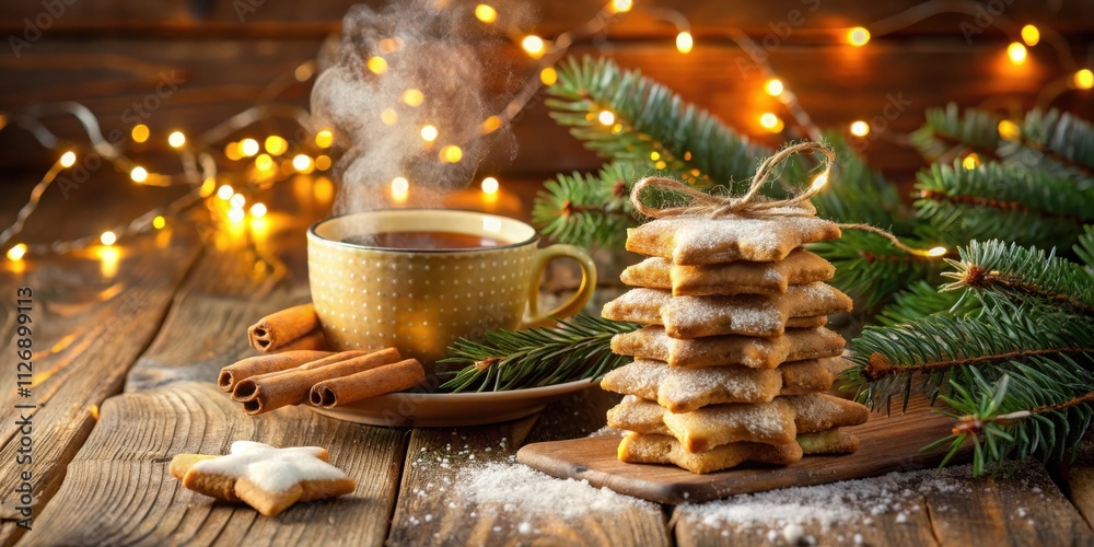 Poster a warm cup of tea with a delicate mist rising above it, accompanied by a stack of sugar-dusted star-