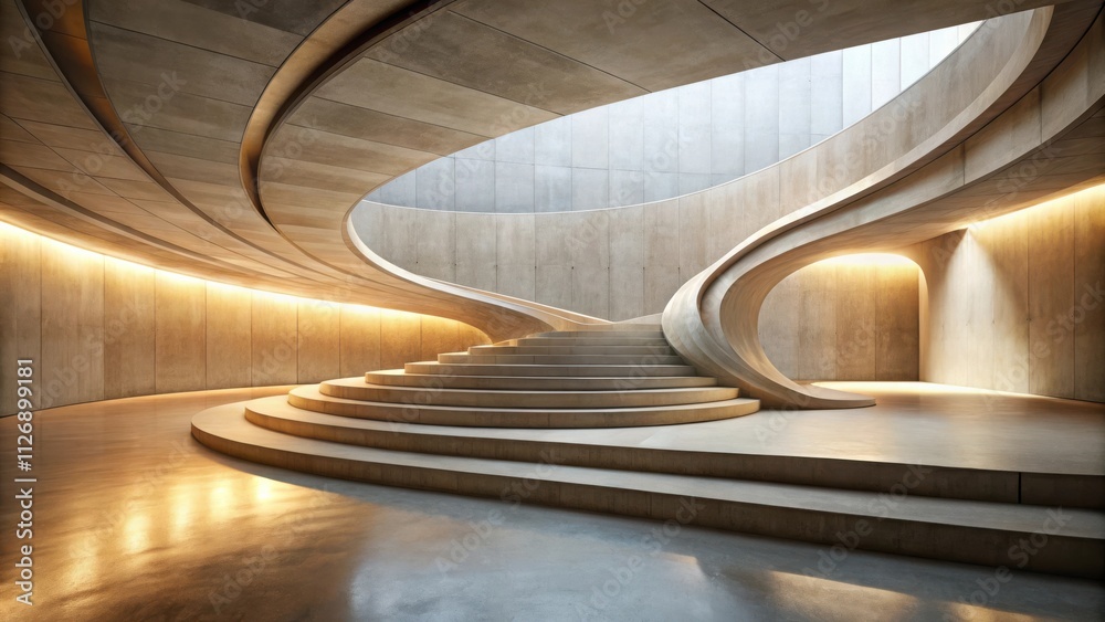 Poster a curving concrete staircase bathed in warm light, leading up to a circular opening in the ceiling, 