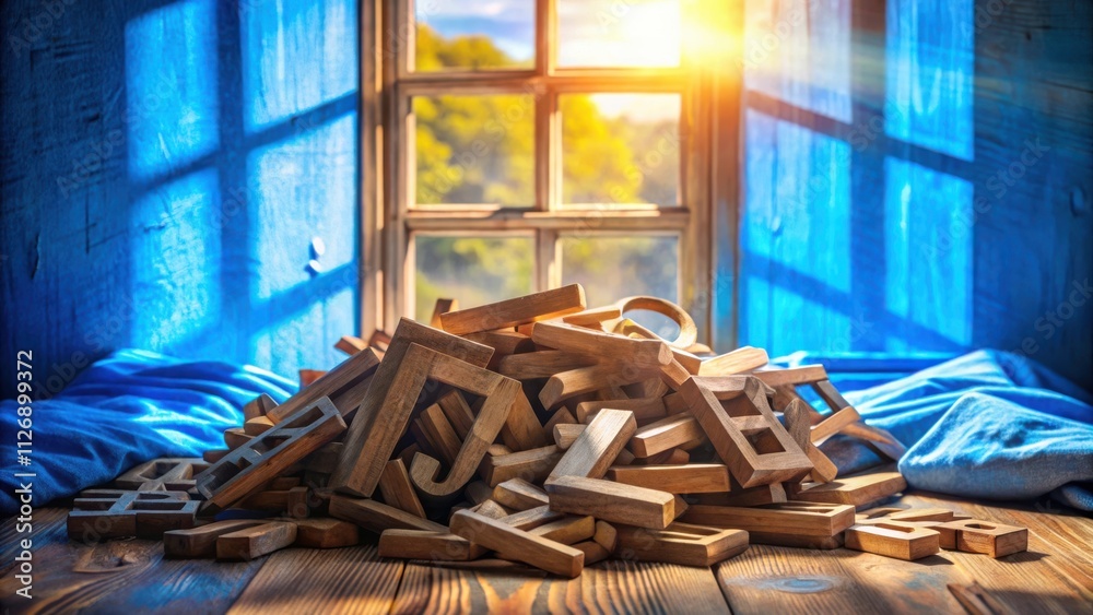 Poster wooden letter blocks scattered on a wooden table with a window and sunlight in the background