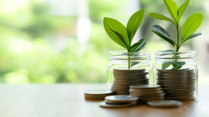 Sustainable Growth Concept with Stacked Coins and Sprouting Plants 