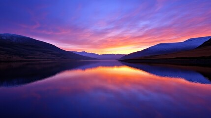 A serene sunset over a calm lake, reflecting vibrant colors against mountainous terrain.