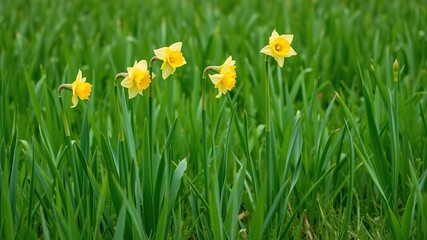 Fototapeta premium Row of tall daffodil stalks standing upright in a lush green meadow, wildflowers, daffodils