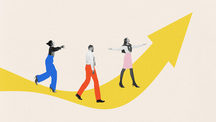 Contemporary art collage. Three workers with draw n clothes, walk along yellow arrow curving...