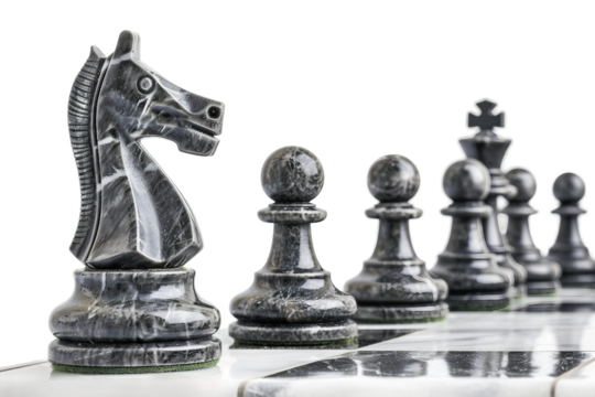 High-quality traditional chess set with Staunton pieces and marble surface isolated on transparent background