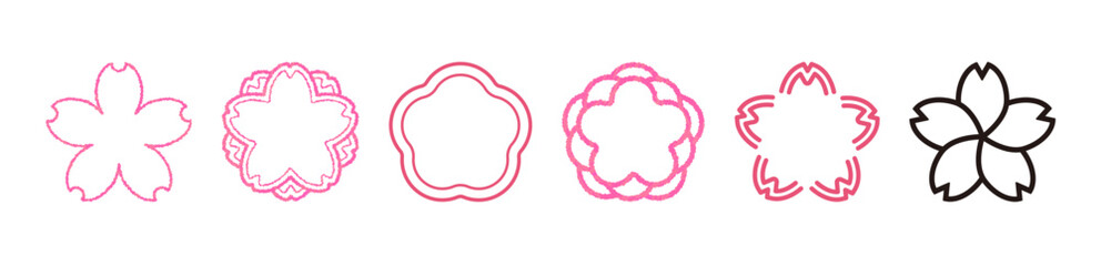 桜のアイコン。水彩風イラスト。春の花。いろんな花びらの形をしたベクター素材。さくら。