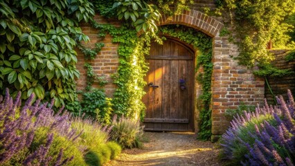 Naklejka premium A sunlit wooden door framed by lush green vines and lavender flowers, revealing a pathway leading to a hidden garden.