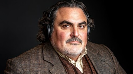 Fototapeta premium A man wearing a brown jacket and a brown vest is wearing headphones. He has a beard and a mustache