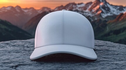 A white cap placed on a rocky surface with a breathtaking mountain landscape in the background, showcasing a blend of nature and fashion.
