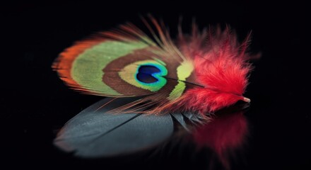 Vivid peacock feather with red accent on black backdrop