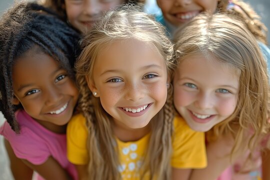 A vibrant photograph of smiling children showcasing multicultural diversity and multiethnicity, celebrating unity and happiness in a joyful outdoor setting.






