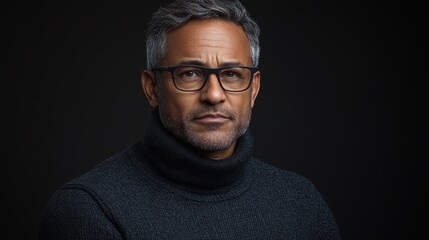 Fototapeta premium A man wearing glasses and a black sweater. He is looking at the camera. The image has a mood of seriousness and introspection