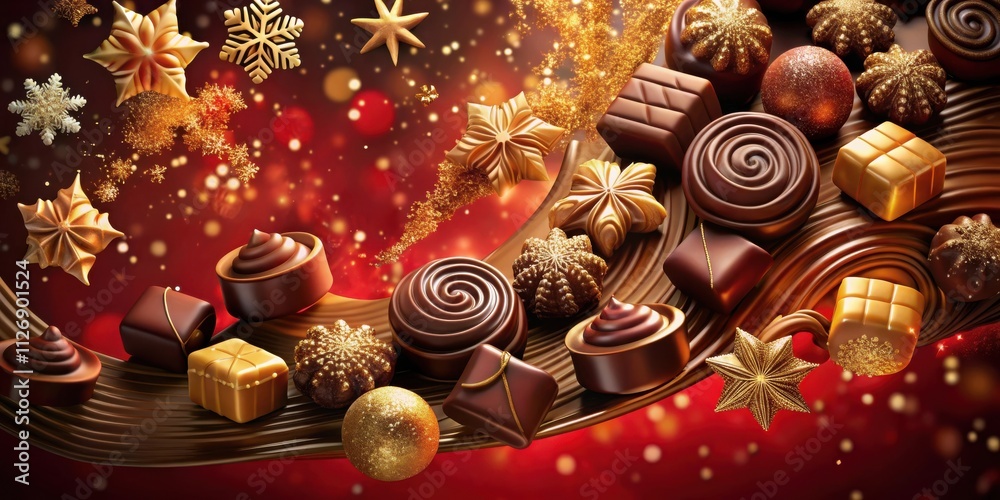 Poster a swirl of rich chocolate with assorted festive treats and glittering snowflakes against a red backg
