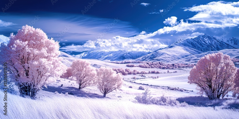 Poster Snowy field with trees in the foreground and mountains in the background