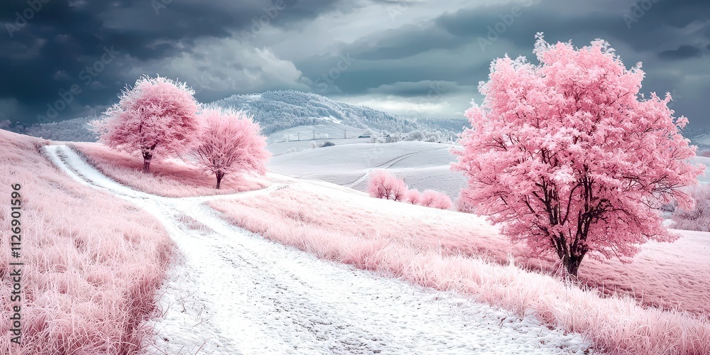 Poster Road with two trees on either side of it