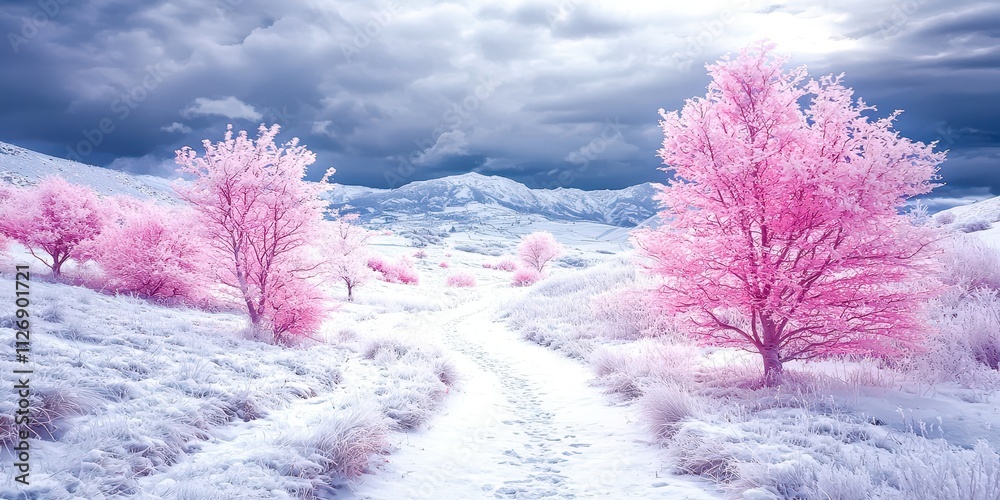 Poster Snowy field with pink trees and a path