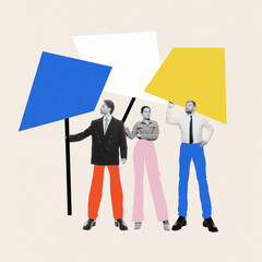 Contemporary art collage. Group of confident people holds large geometric shapes resembling protest...
