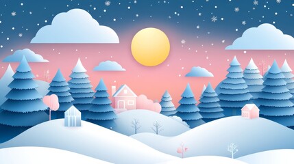 A serene winter landscape with stylized trees, houses, and a bright sun against a pastel sky.