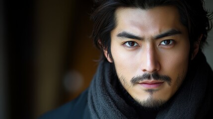 A man with a beard and glasses is wearing a black scarf. He has a serious expression on his face