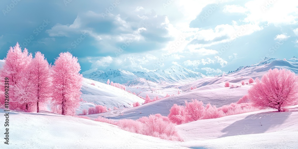 Poster Snowy field with pink trees and mountains in the background