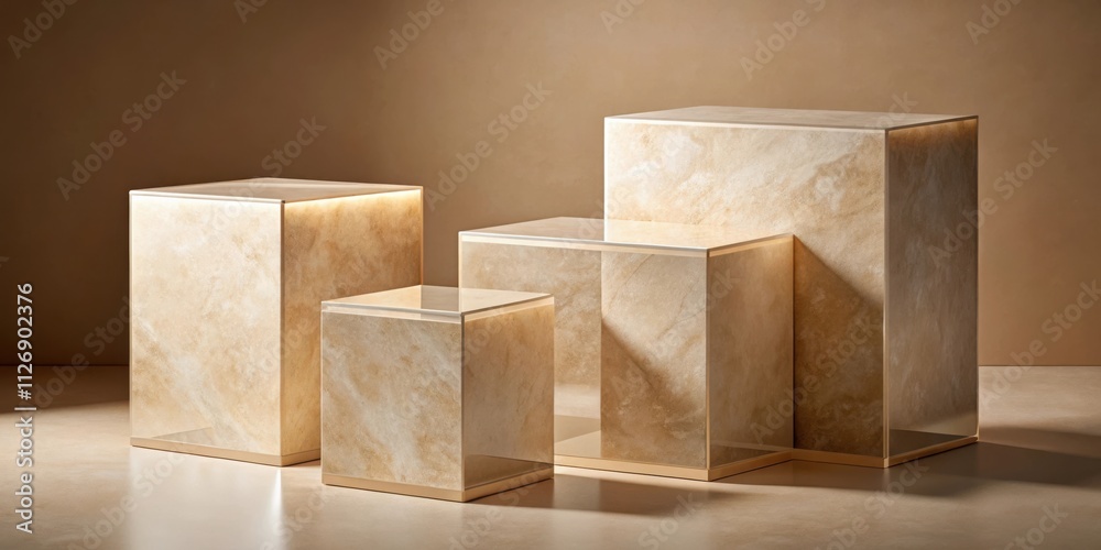 Poster a minimalist display of four square stone platforms with golden accents on a neutral background