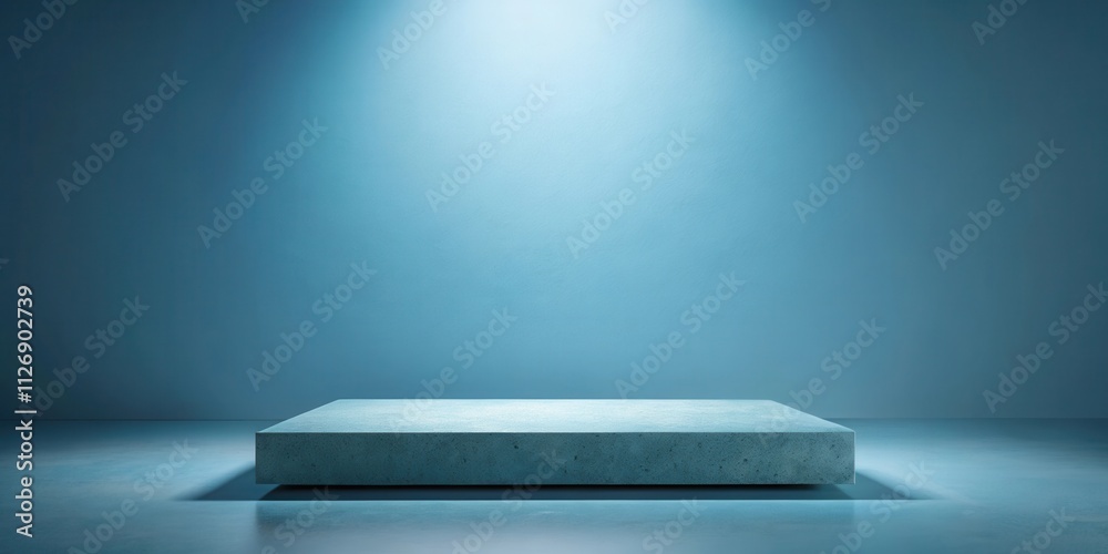 Poster a single concrete platform resting on a blue, minimalist background, illuminated by a spotlight.