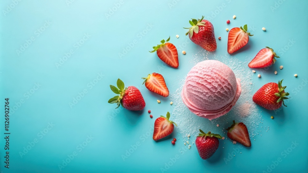 Poster a single scoop of pink ice cream rests on a blue surface, surrounded by halved strawberries and a sp