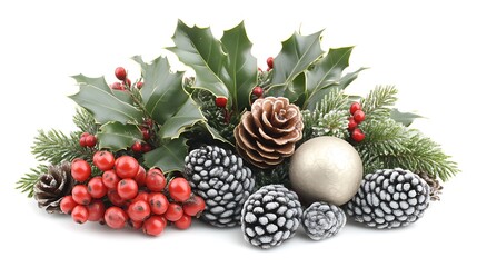 Festive Christmas arrangement with holly berries and pine cones