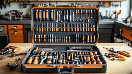 Comprehensive tool kit setup workshop product display organized environment stationary view diy essentials