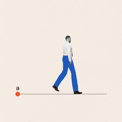 Contemporary art collage. Man in blue pants walks along minimalist line labeled a, as start point,...