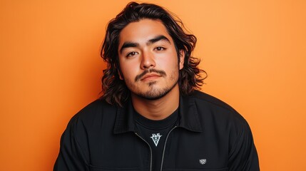 Fototapeta premium A man with long hair and a beard is wearing a black shirt and jacket. He is standing in front of an orange background