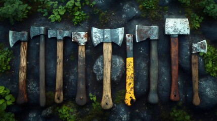 A collection of old, rusty axes and a large hammer are displayed on a rock