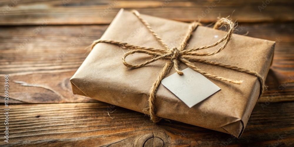 Poster a rustic brown paper package tied with twine and a blank tag, resting on a weathered wooden surface.