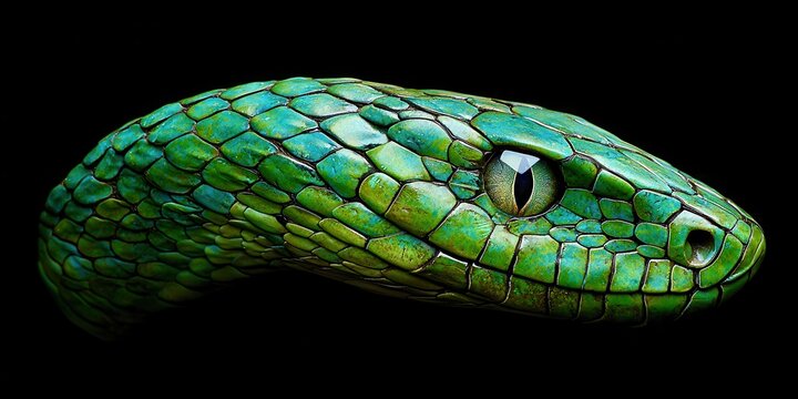 Green snake with a black background