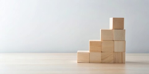 Simple Wooden Blocks Stacked in a Pyramid Formation on a Wooden Tabletop with a White Background