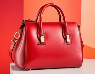 Elegant red leather handbag against a vibrant orange backdrop.