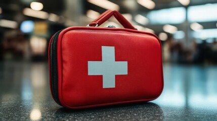 Emergency preparedness kit airport terminal product photography indoor close-up shot safety essentials