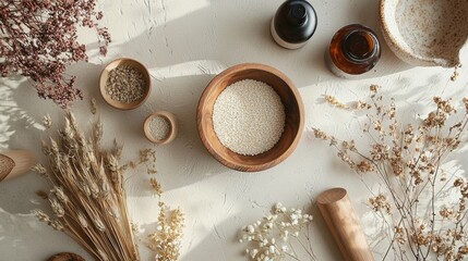 Flat lay of natural ingredients with grains and dried plants