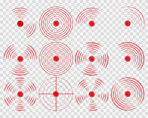 Red Glowing Sensor Rings: Circular Sonar Wave Signal with Digital Sound Light Effects. Perfect for Wireless Technology, Alarm Symbols, and Modern Tech Designs