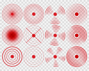 Red Sonar Wave Signal: Digital Sound Wave and Circular Pulsation. Wireless Radar and Alarm Light Effect Design Element with Transparent Background for Tech and Modern Concepts