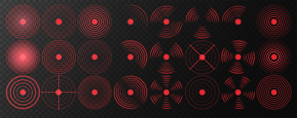Red Glowing Sensor Rings: Circular Sonar Wave Signal with Digital Sound Light Effects. Perfect for Wireless Technology, Alarm Symbols, and Modern Tech Designs