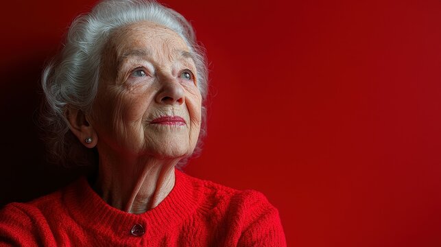 A woman in a red sweater is looking at the camera. She has a smile on her face and her eyes are wide open. Concept of warmth and happiness, as the woman is enjoying herself